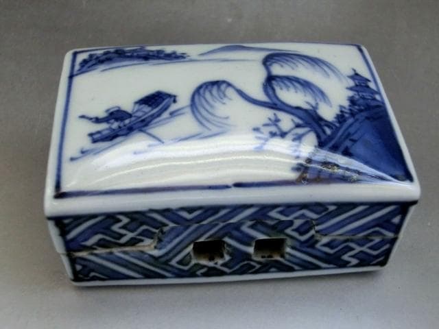 香合■青華山水図「平安北峯」 茶巾盆 平安 北峯白磁染付山水時代物 骨董品■