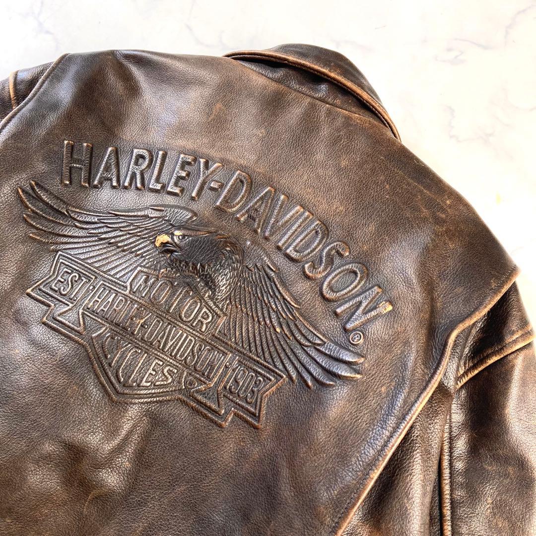 美品 ハーレーダビッドソン シングル ライダース レザージャケット エンボス加工