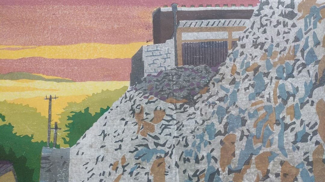 値下げ！多色刷り木版画「夕映えの村」