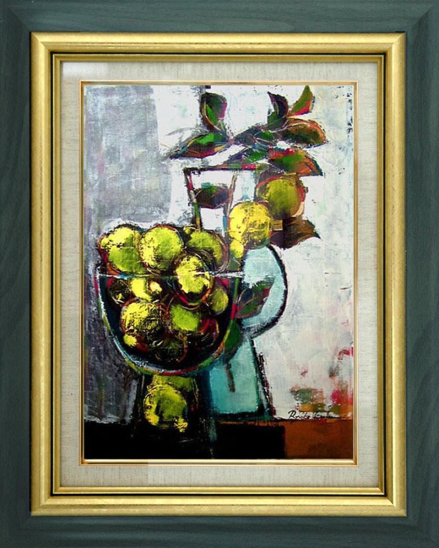 油絵 菅家令子絵 絵画インテリア額付(青緑＋金色の枠)uF6-063304レモン