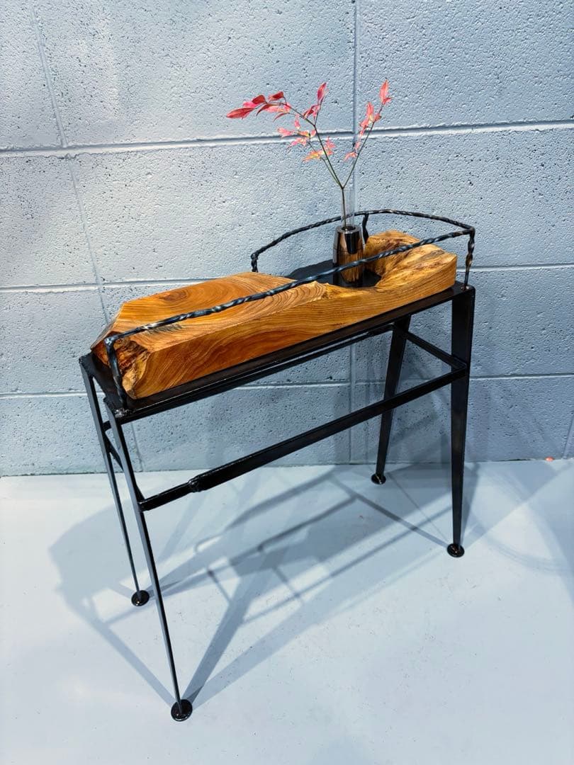 欅材サイドテーブル　鉄家具　アイアンシェルフ　コーヒーテーブル　観葉植物置き台
