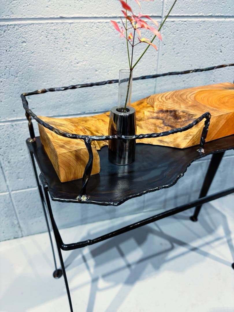 欅材サイドテーブル　鉄家具　アイアンシェルフ　コーヒーテーブル　観葉植物置き台