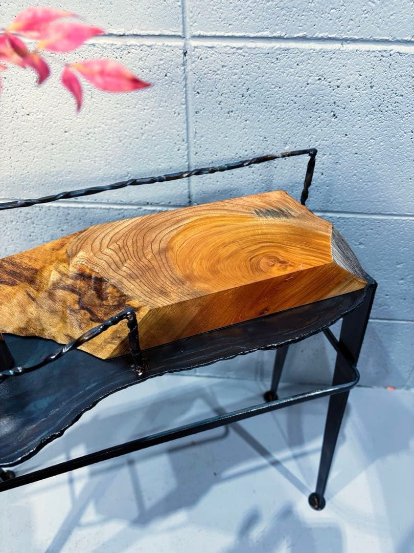 欅材サイドテーブル　鉄家具　アイアンシェルフ　コーヒーテーブル　観葉植物置き台