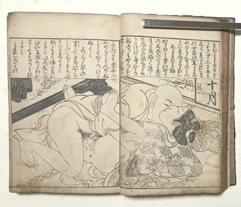 貴重春画大型本黒摺版画、女貞訓下所文庫月岡雪鼎画、明和5年頃出版（1768頃)