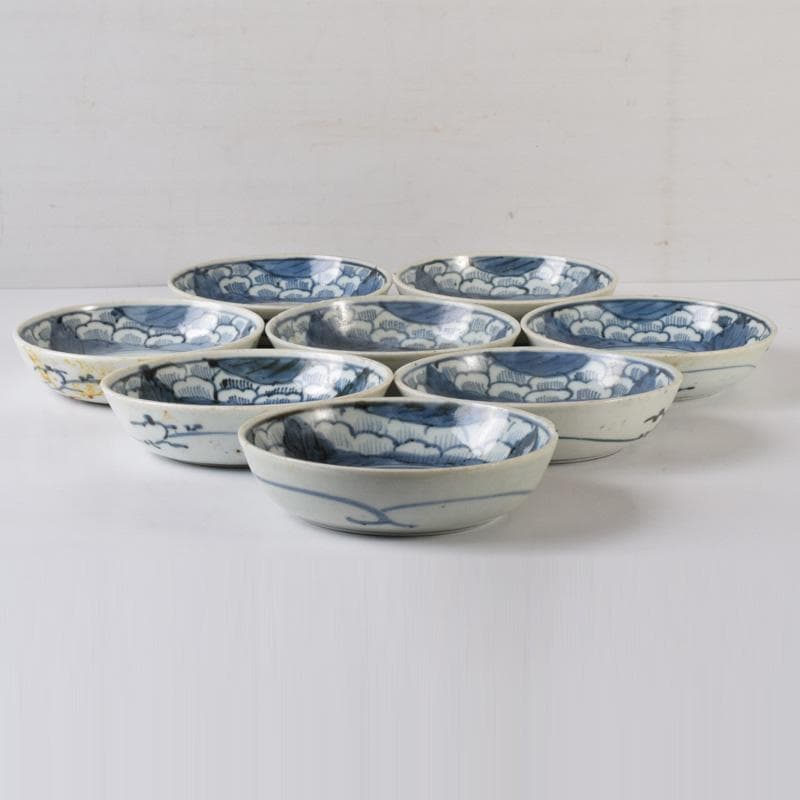 和食器　伊万里焼　古伊万里　染付　花草文　皿　八客　時代箱付　C　7626