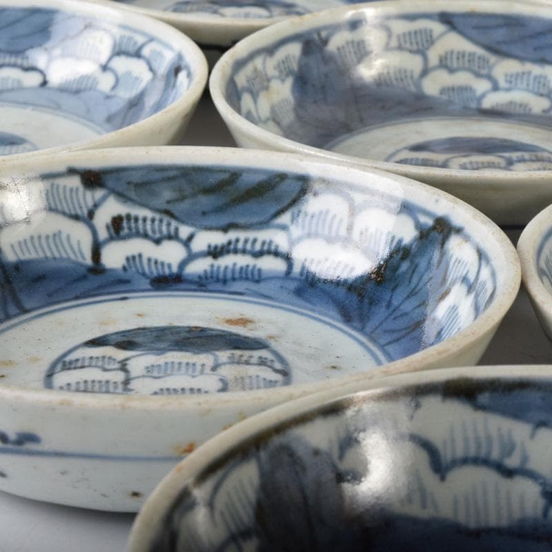 和食器　伊万里焼　古伊万里　染付　花草文　皿　八客　時代箱付　C　7626