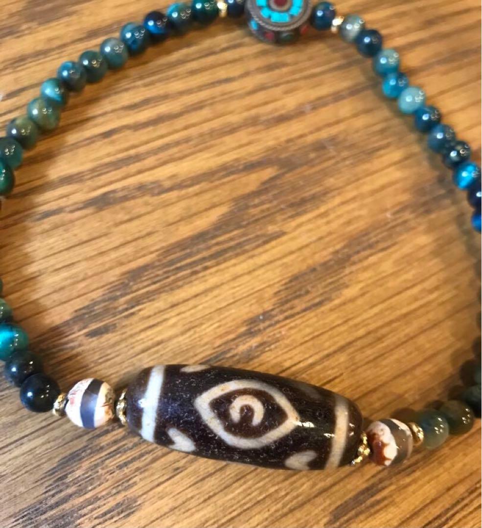 ☘️超レア 龍眼天珠（ドラゴンアイ）ジービーズ Dzi 青虎目石 ブレスレット