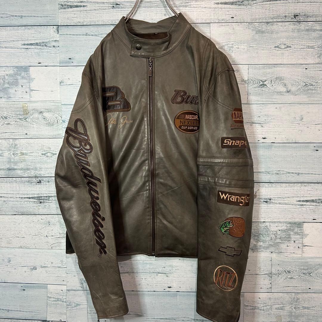 【豪華刺繍】NASCAR レザー シングルライダースジャケット 両面刺繍