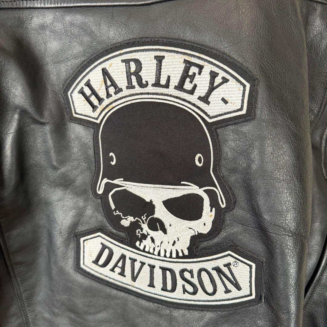 ハーレーダビッドソン　レザー　シングルライダース　スカル刺繍ワッペン　L　黒