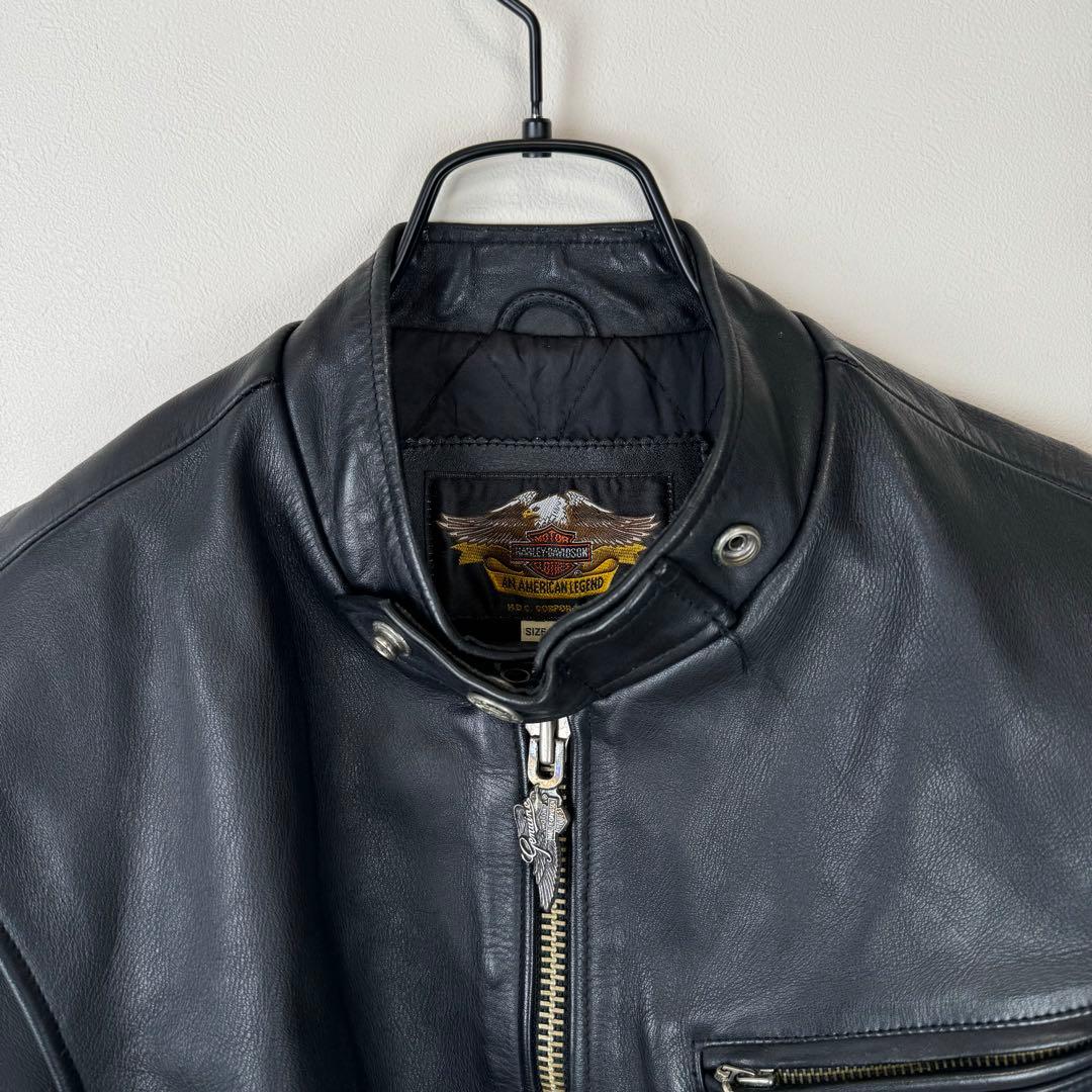 ハーレーダビッドソン　レザー　シングルライダース　スカル刺繍ワッペン　L　黒