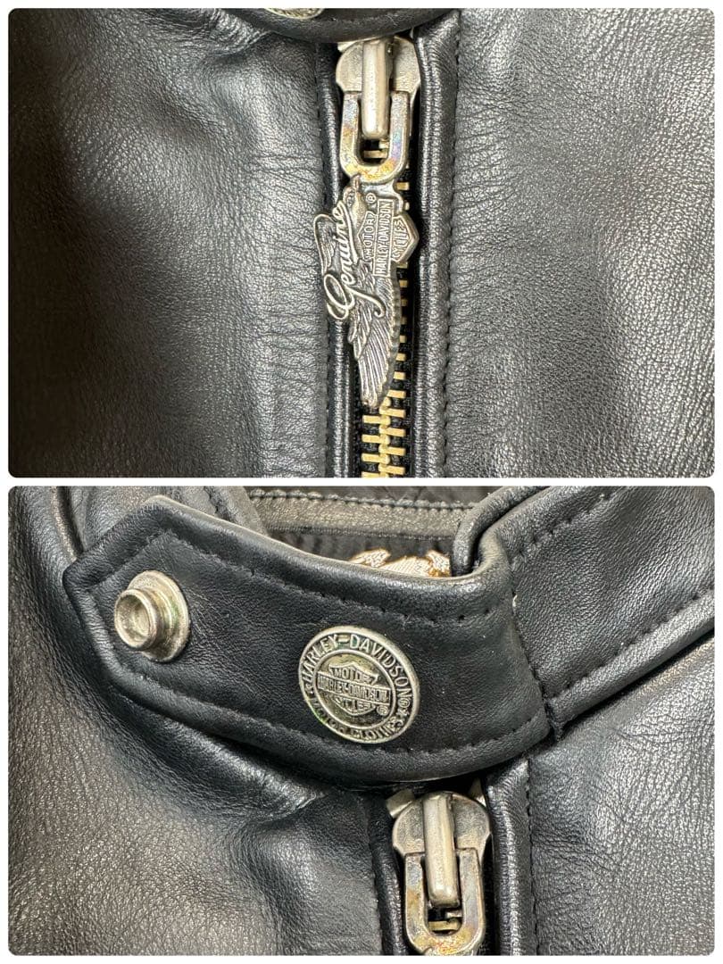 ハーレーダビッドソン　レザー　シングルライダース　スカル刺繍ワッペン　L　黒