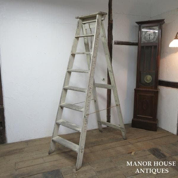 イギリス アンティーク 家具 木製ラダー ステップ はしご ペイント 6119e