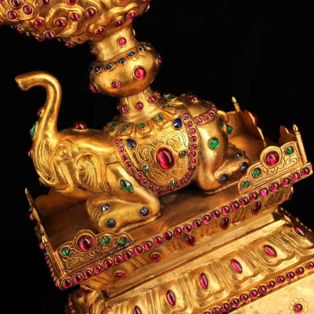 中国古美術・珍品旧蔵・宝石嵌入鎏金象鼓置物・鏨刻鎏金・純銅製・高浮彫・文房置物