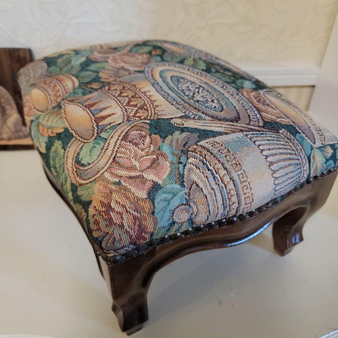 ヴィンテージオットマン　スツール　ゴブラン織り　ティーポット-カップ柄　低タイプ