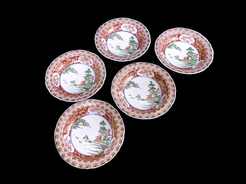 大聖寺伊万里　亀甲紋に金唐草　山水紋の図　５寸皿　５枚　E077AS-CRi