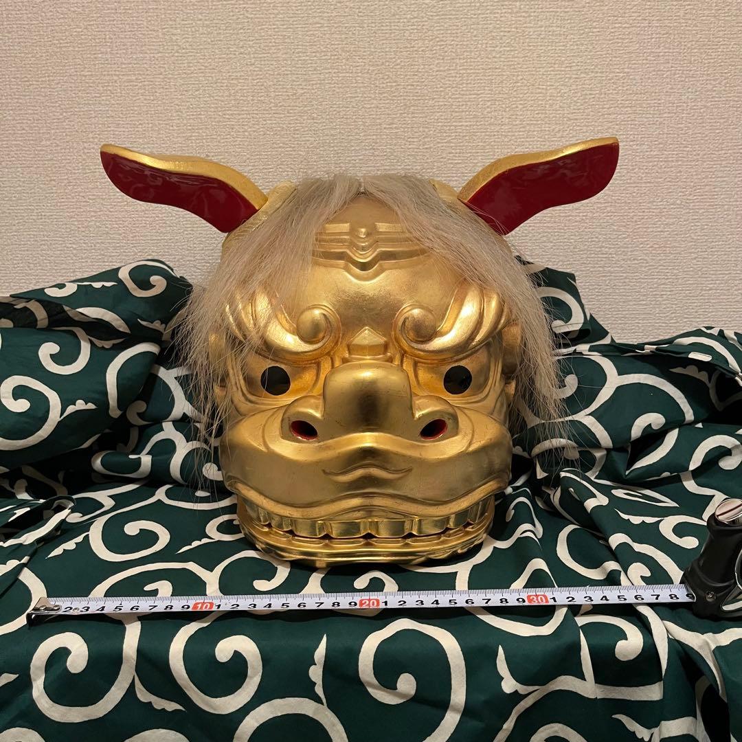 【希少】　獅子舞　獅子頭　金箔　木彫　魔除け　金彩　古美術　木製 木彫 お祭り