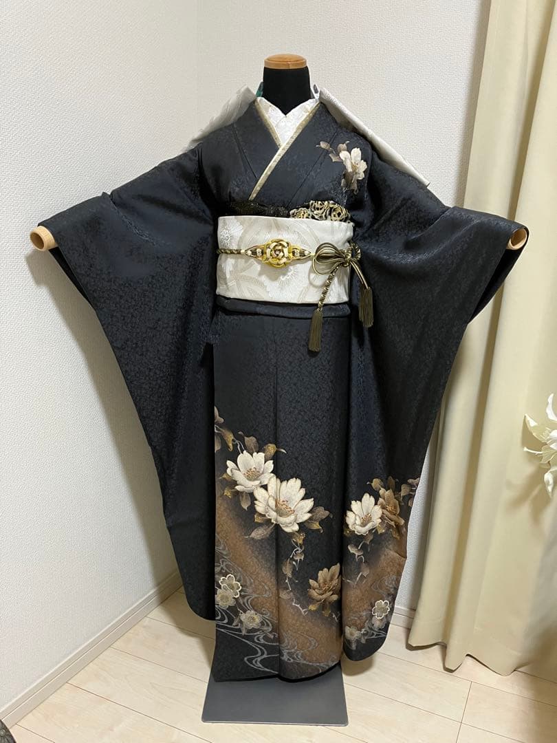 くすんだ黒 墨色 正絹振袖 全て揃ったフルセット M～トール
