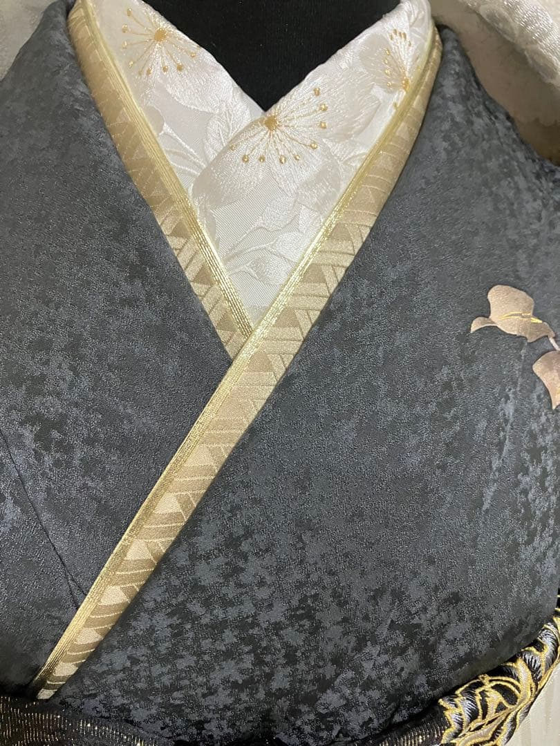 くすんだ黒 墨色 正絹振袖 全て揃ったフルセット M～トール