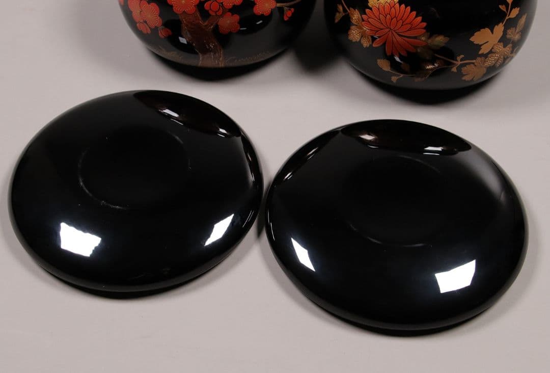 M937 輪島塗 柿木章作 四君子鷺烏蒔絵 碁器一対 木製 黒塗 内梨地 共箱