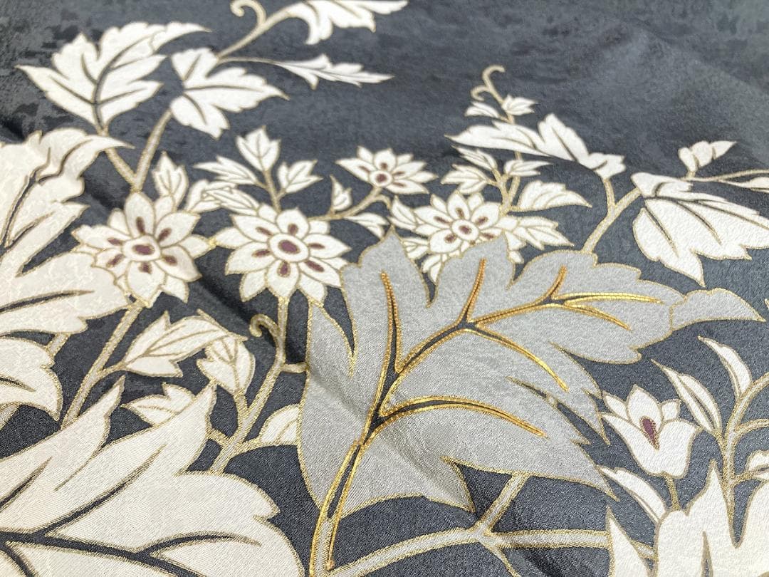 京友禅 金駒刺繍 トールサイズ 金彩 唐花 訪問着 袷 黒 グレー 白 1387