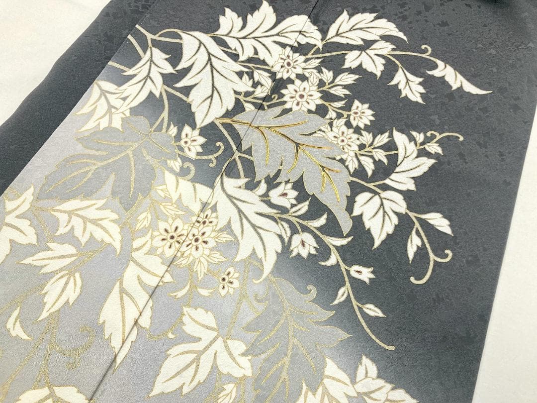 京友禅 金駒刺繍 トールサイズ 金彩 唐花 訪問着 袷 黒 グレー 白 1387