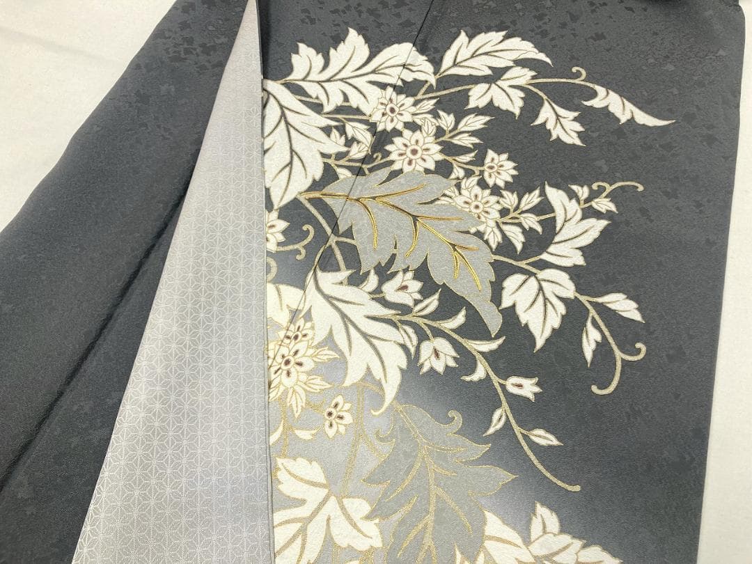 京友禅 金駒刺繍 トールサイズ 金彩 唐花 訪問着 袷 黒 グレー 白 1387