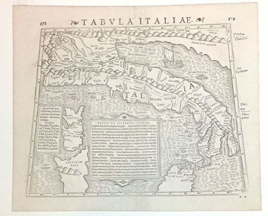 お値下げ　額装品　古地図　1571年　木版画　S.ミュンスター「イタリア全図」