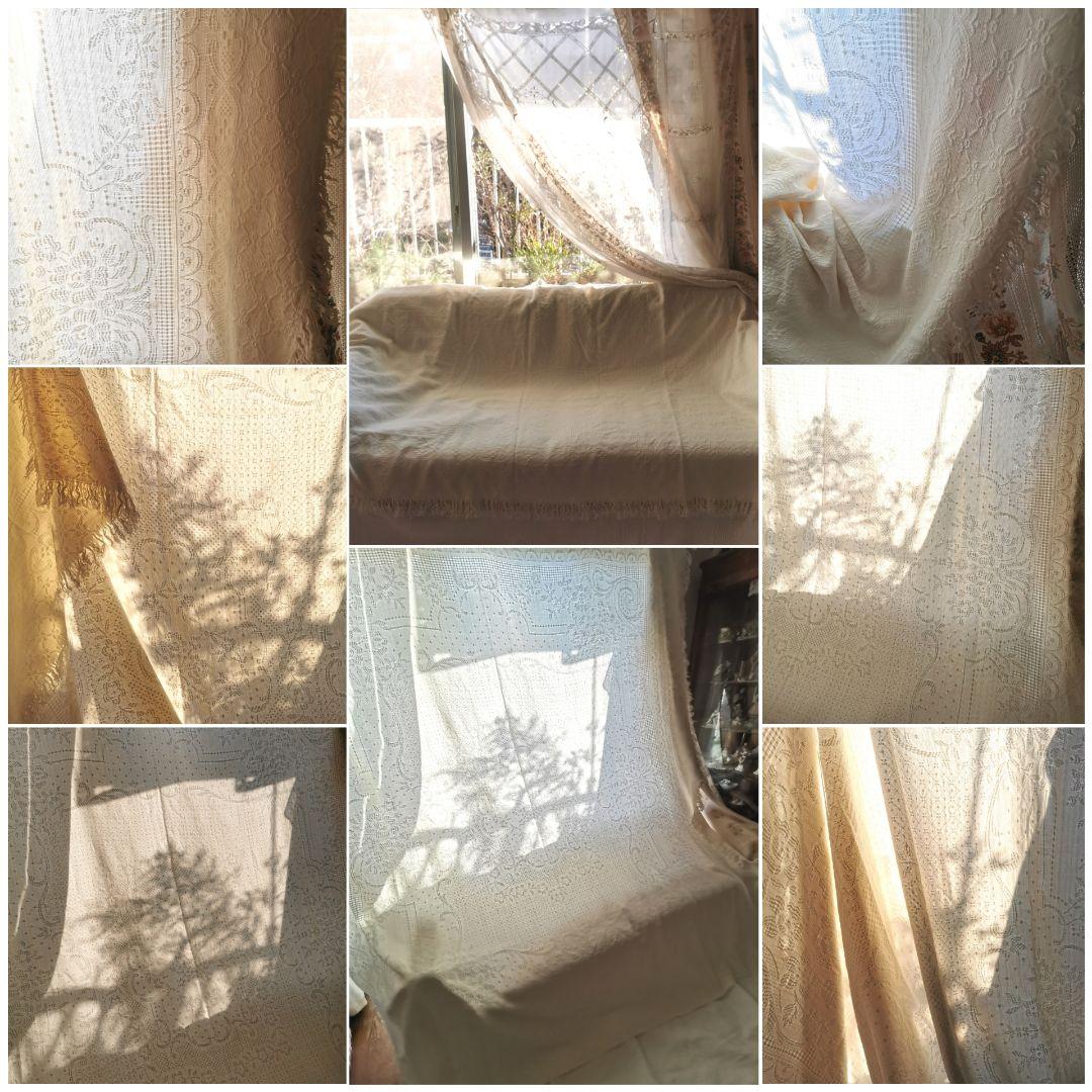 ヴィンテージ南仏 ピケドプロヴァンス メダイヨン＆花籠 交差フリンジ付スプレッド