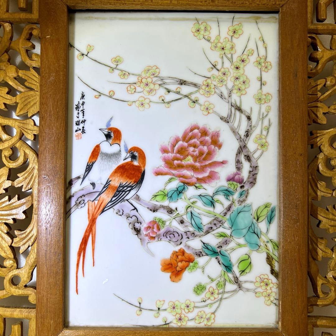 中国美術　粉彩花鳥文陶板画　東Y7-0902⭐︎2Fトヒト