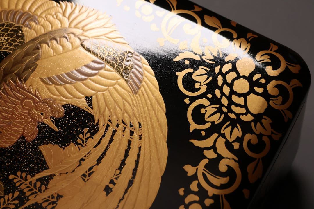 【MA808】時代 加賀蒔絵 桐鳳凰・花唐草 金蒔絵 梨地 饅頭箱 菓子箱 漆芸