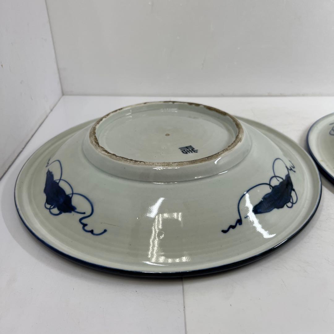 古伊万里　上手染付大皿2枚　木箱付　直径約37㎝　東Y7-0626②タニチ