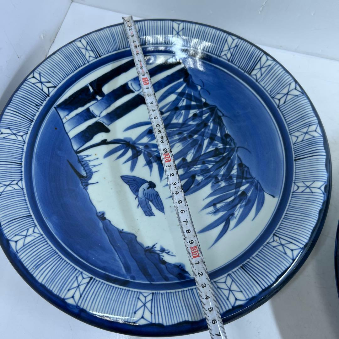 古伊万里　上手染付大皿2枚　木箱付　直径約37㎝　東Y7-0626②タニチ