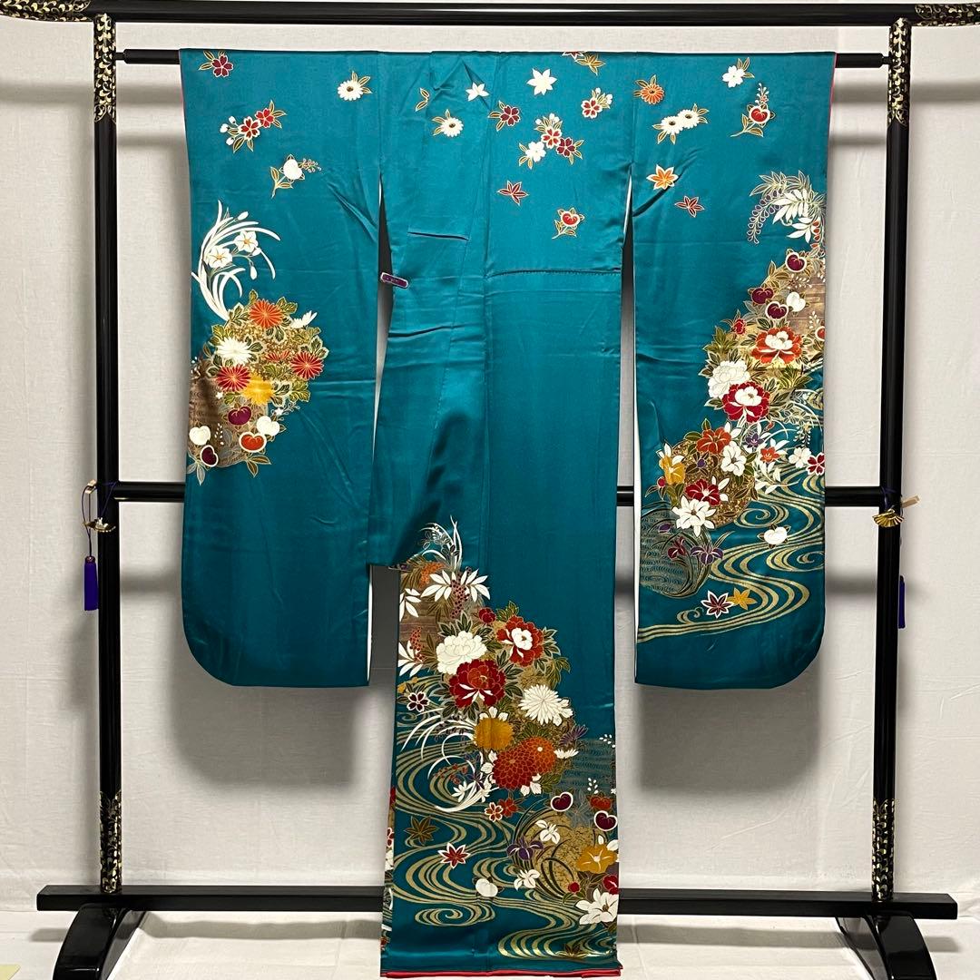D770 振袖　花模様　流水　金彩　正絹　着物　袷　極美品