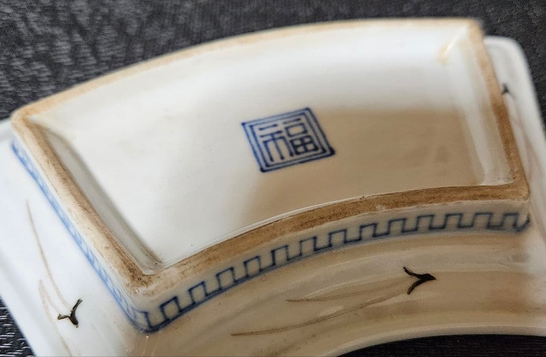 江戸時代末期～明治時代　江戸前期　古九谷写し　色絵　扇面形　松竹梅に鳥の図　皿