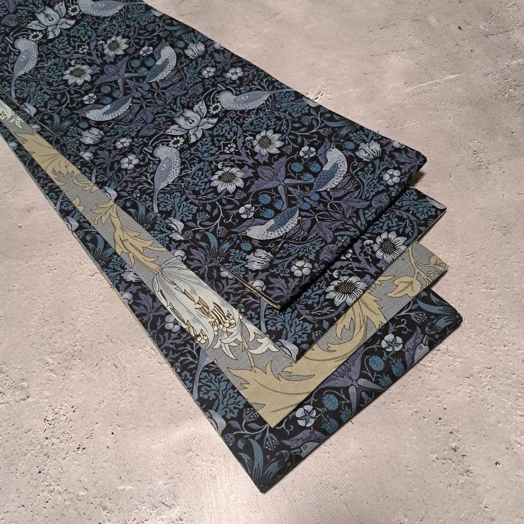 半幅帯　長尺　ウィリアムモリス　いちご泥棒　インディゴ×アネモネ　リバーシブル