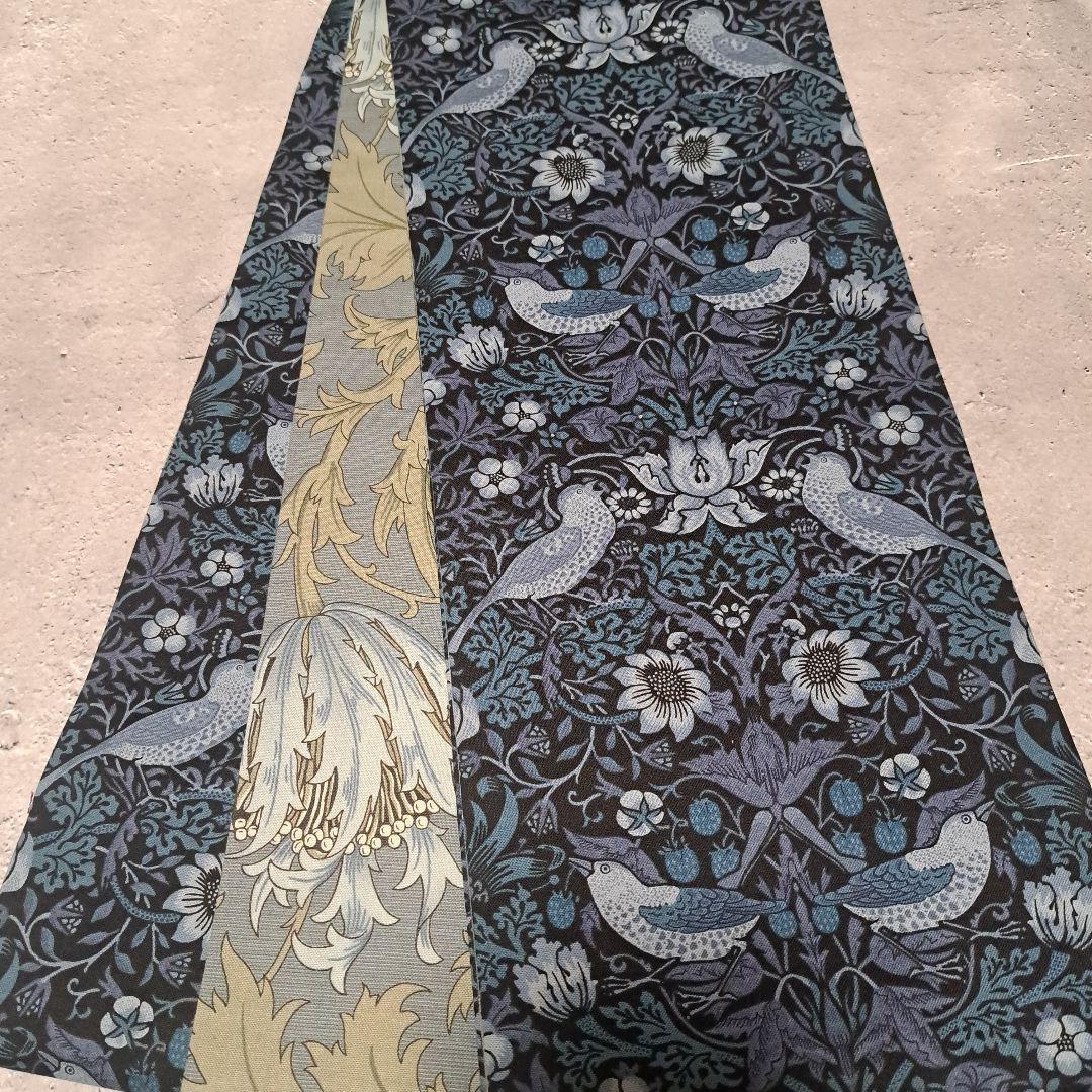 半幅帯　長尺　ウィリアムモリス　いちご泥棒　インディゴ×アネモネ　リバーシブル
