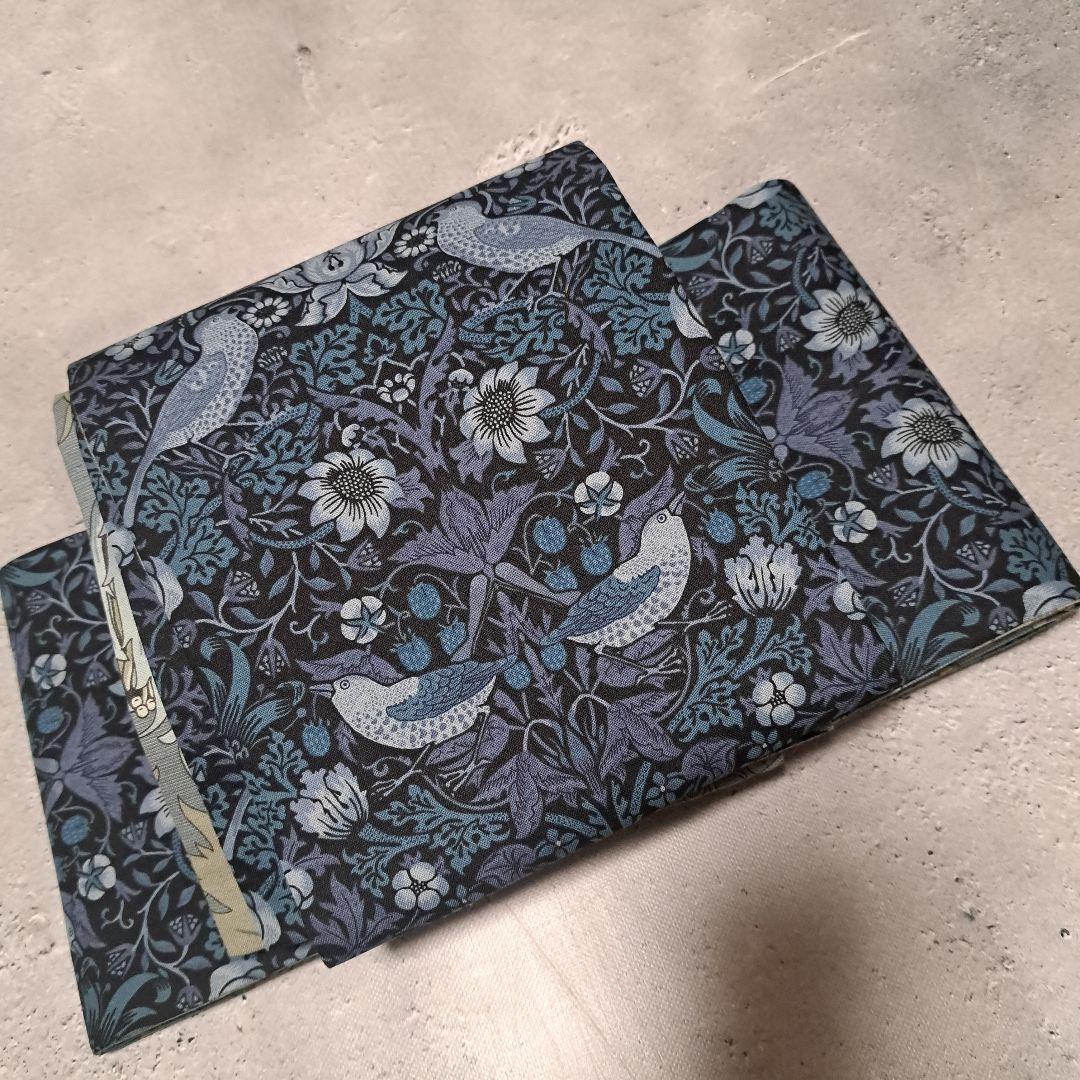 半幅帯　長尺　ウィリアムモリス　いちご泥棒　インディゴ×アネモネ　リバーシブル