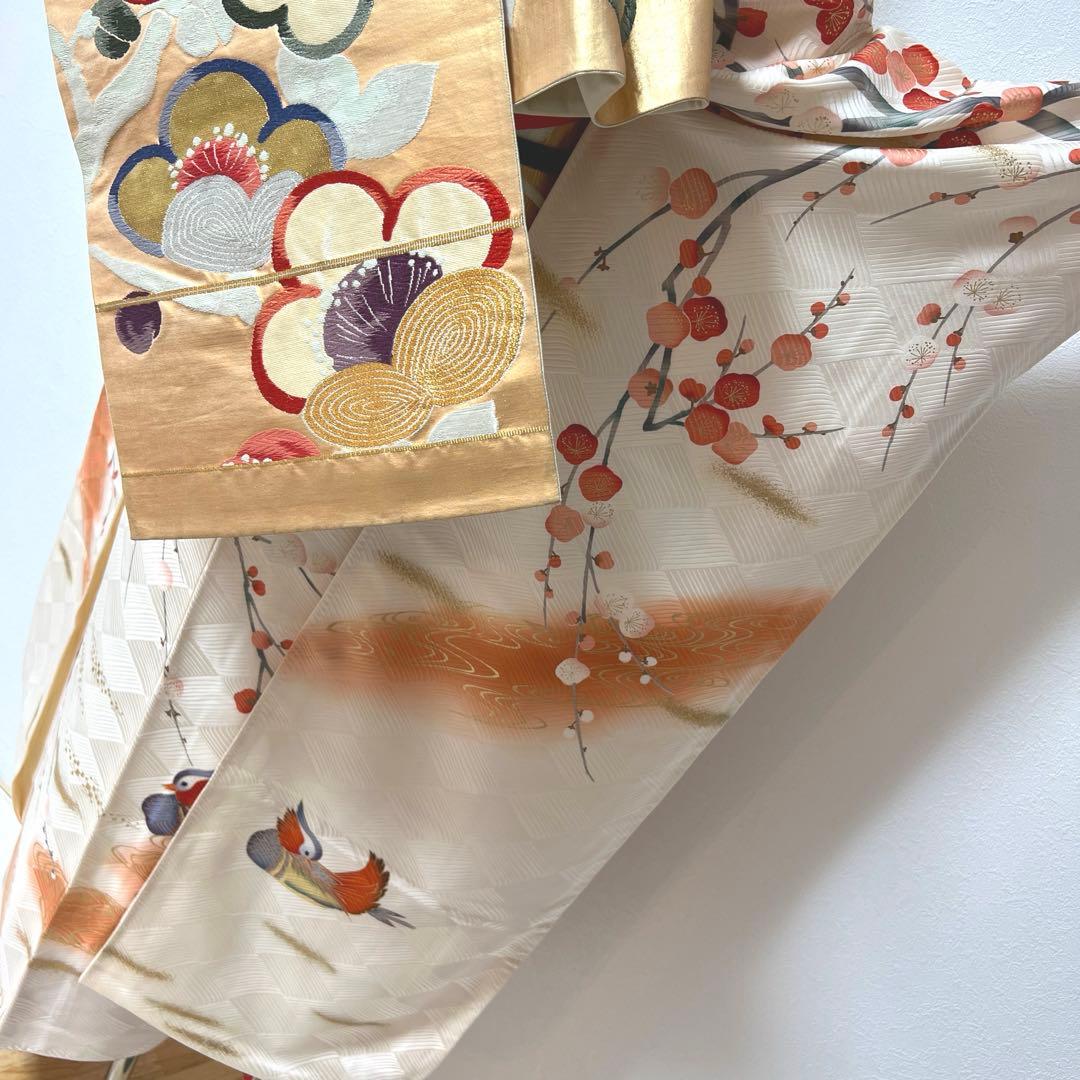 342 振袖フルセット 正絹 オフホワイト 白 橙 赤 金彩 暈し染め 長身さん