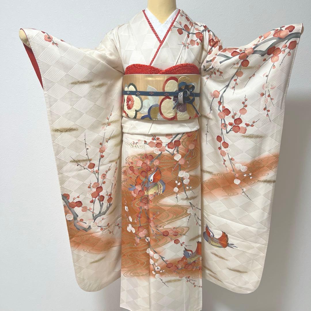 342 振袖フルセット 正絹 オフホワイト 白 橙 赤 金彩 暈し染め 長身さん