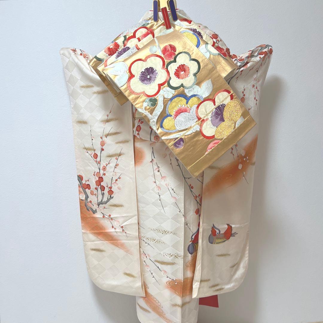 342 振袖フルセット 正絹 オフホワイト 白 橙 赤 金彩 暈し染め 長身さん