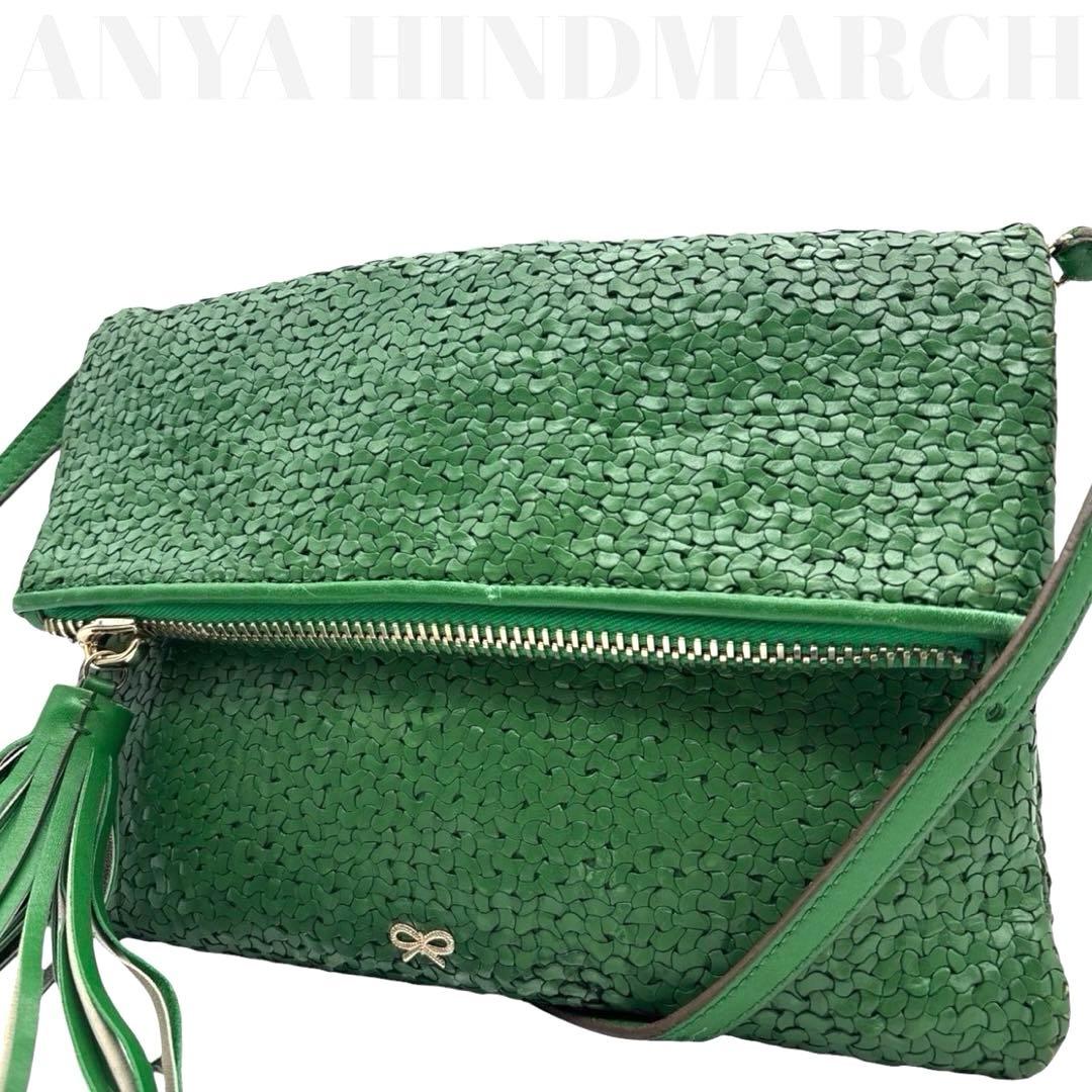 良品◎ アニヤハインドマーチ 斜めがけ可 ショルダーバッグ レザー グリーン