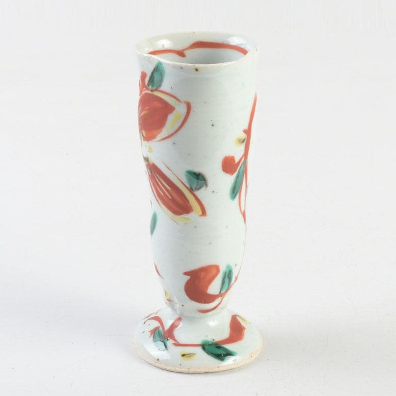 京焼　村田眞人作　赤絵　諸葛菜文　高台盃　酒杯　共布共箱　V　9334