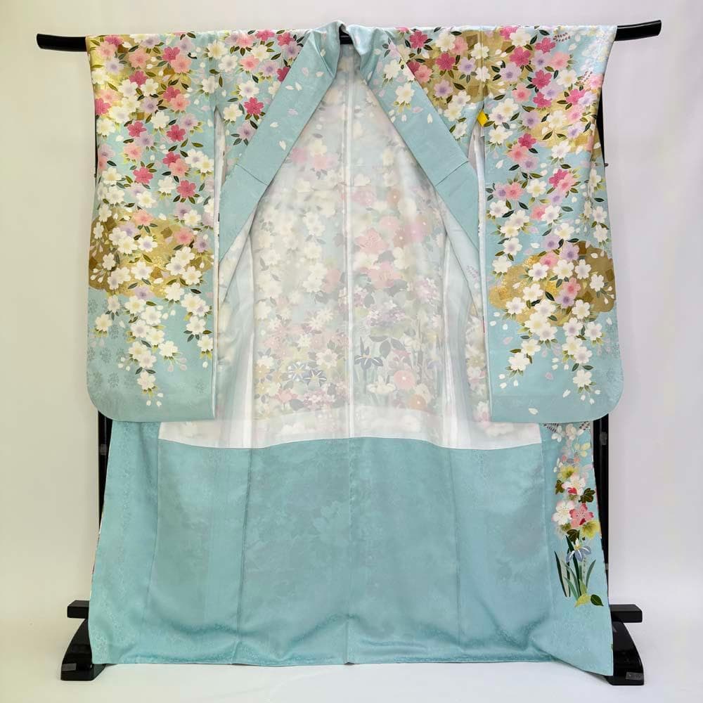 振袖 正絹 水色 古典花柄　裄69.5㎝ 　成人式 中古 D-107