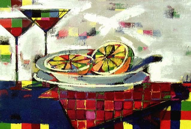 油絵 菅家令子インテリア 額付(青緑＋金色の枠) uF6-061703 フルーツ