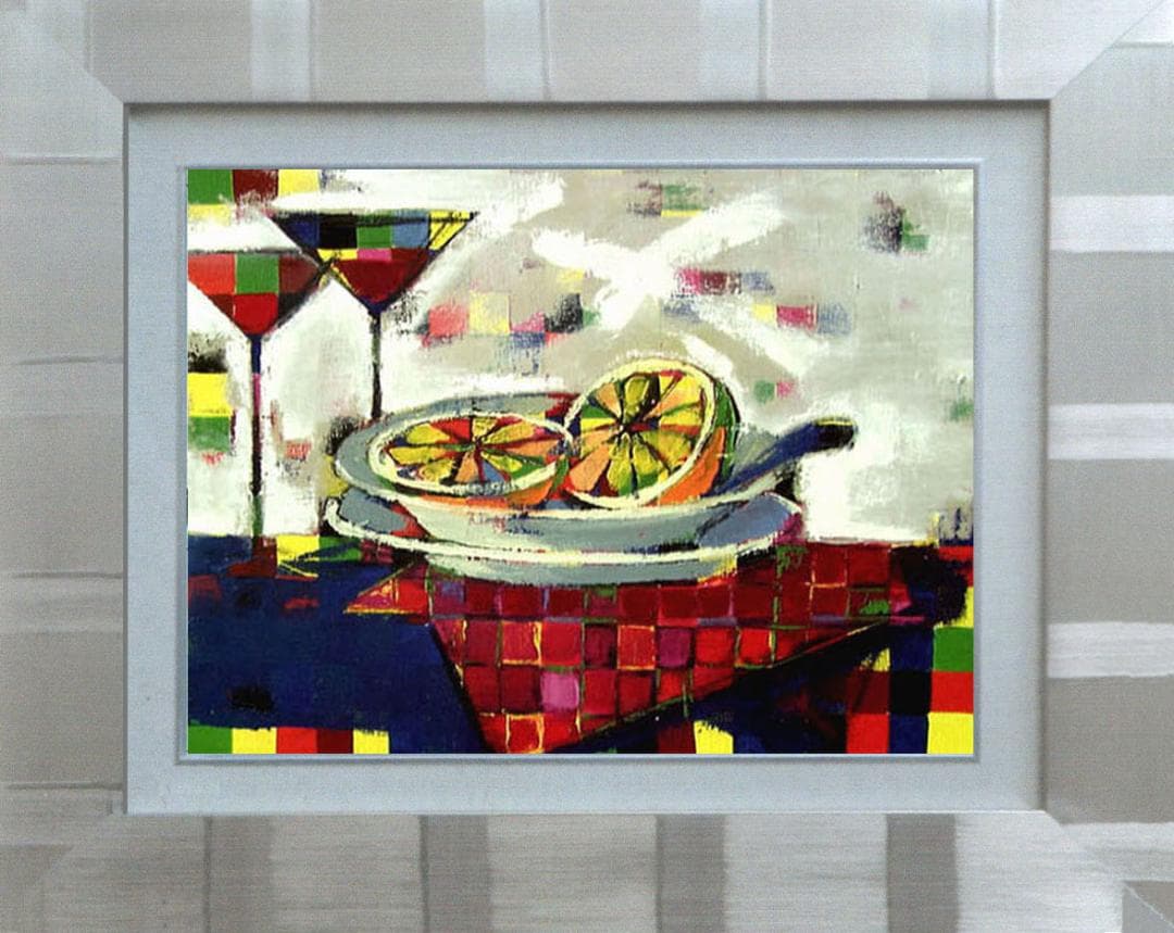 油絵 菅家令子インテリア 額付(青緑＋金色の枠) uF6-061703 フルーツ