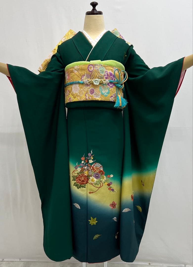 振り袖　フルセット　長襦袢付　緑　成人式　パーティー　刺繍入り　長尺袋帯　730