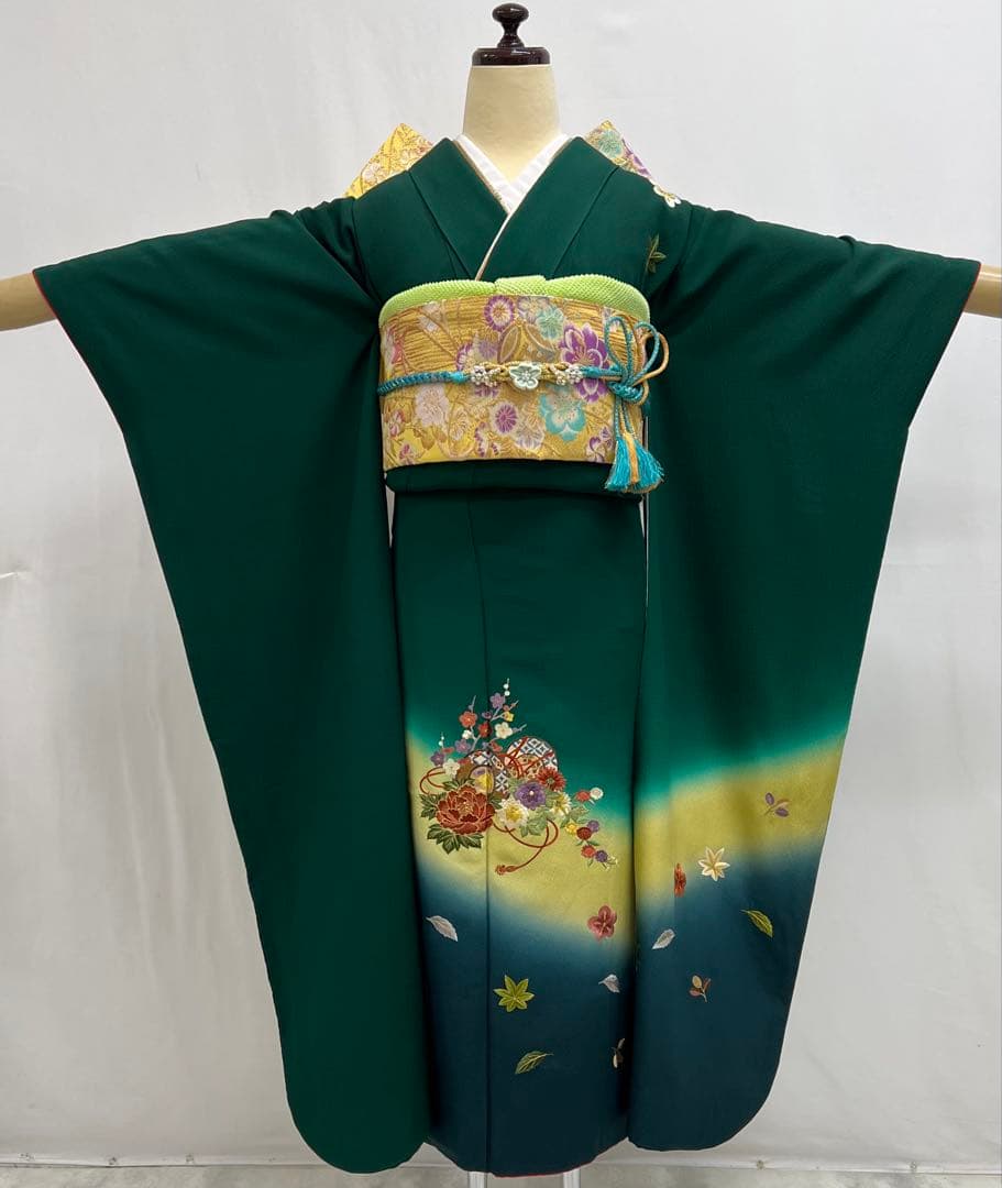 振り袖　フルセット　長襦袢付　緑　成人式　パーティー　刺繍入り　長尺袋帯　730