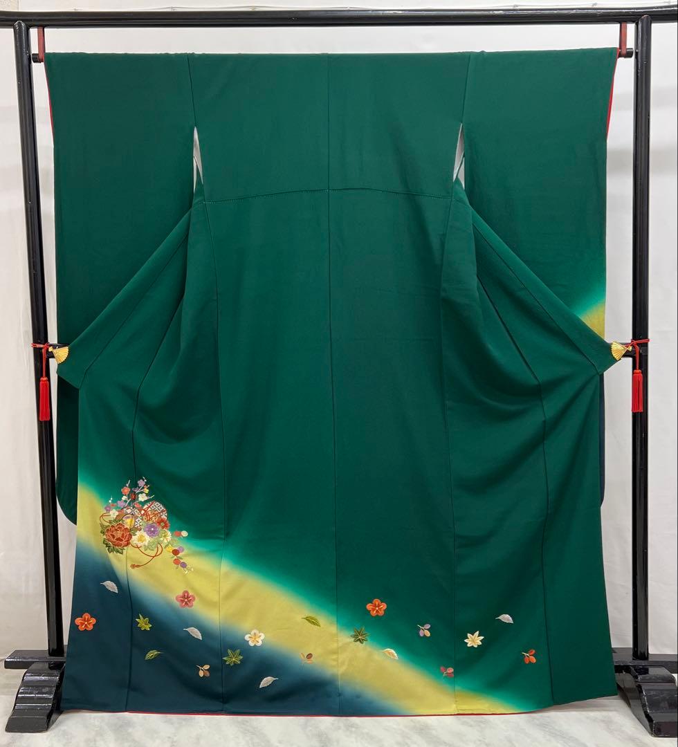 振り袖　フルセット　長襦袢付　緑　成人式　パーティー　刺繍入り　長尺袋帯　730