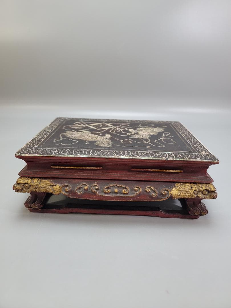 中国美術 螺鈿 獅子紋 朱漆 香炉台 DT507