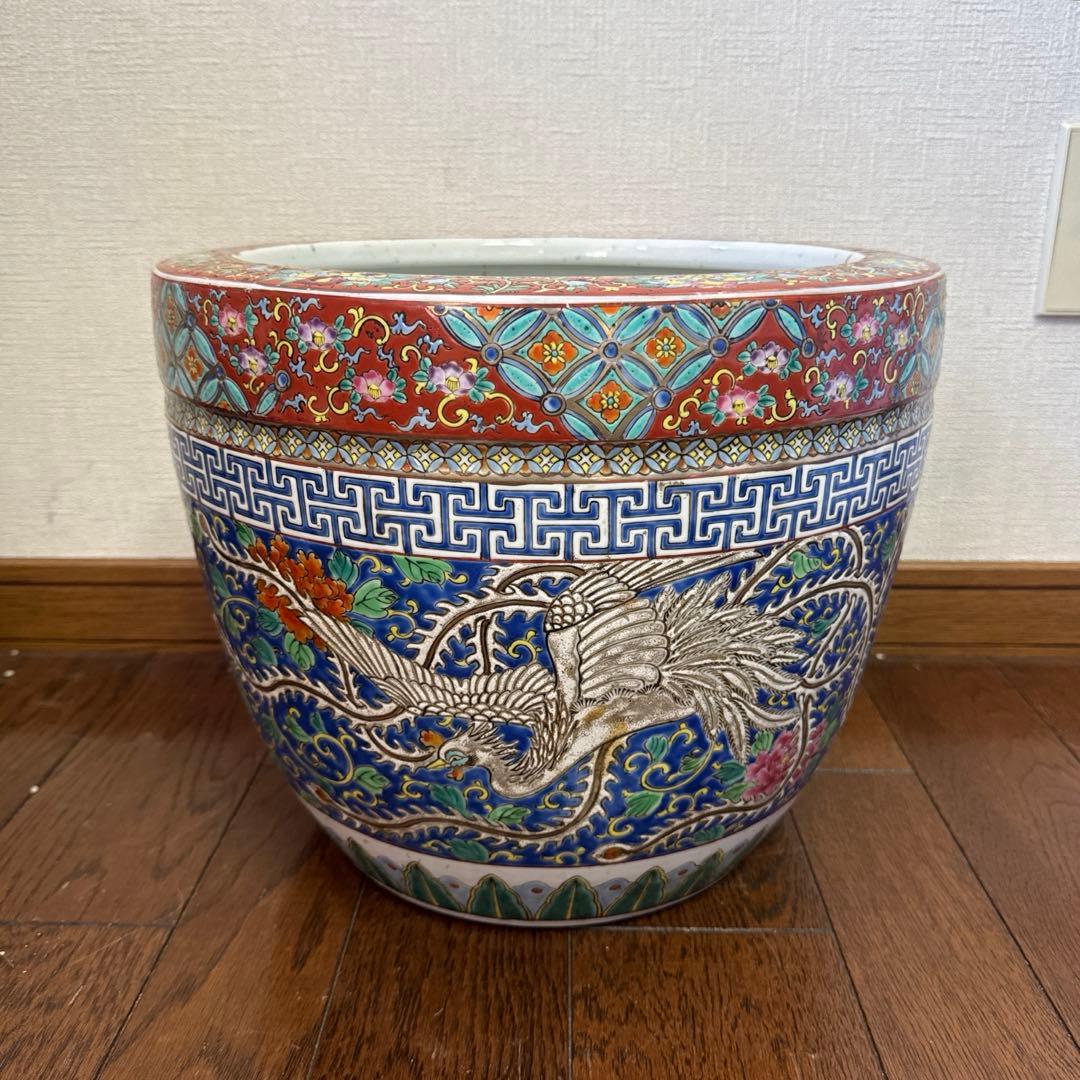 伊万里　十錦手　色絵彩色牡花唐草鳳凰紋　火鉢